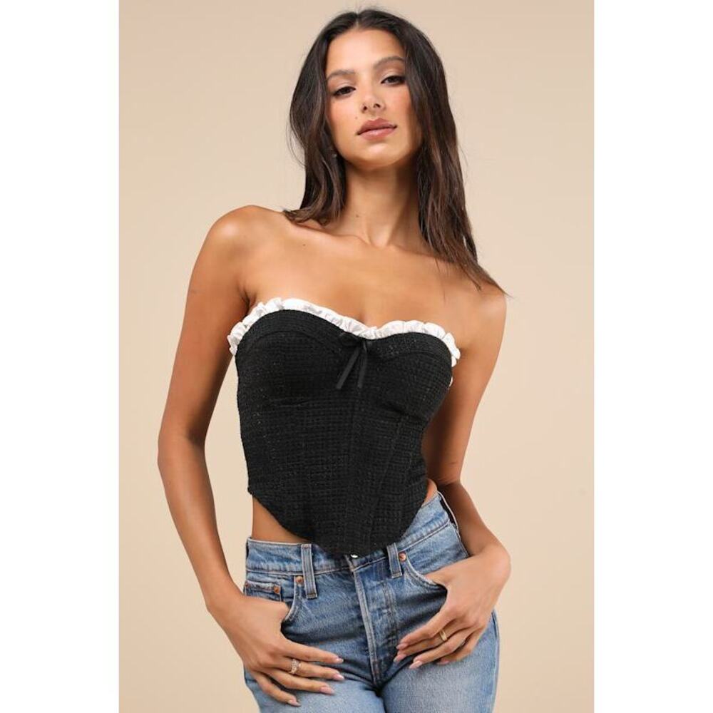 Lulus Polished Chicness Black Tweed Bustier Ruffled Crop Top - Size M